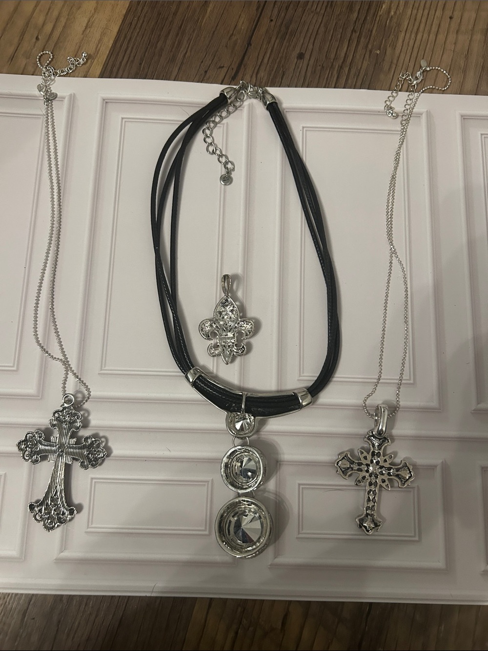 Silver-tone Crystal Cross & Fleur Pendant Necklace Set - Clear Rhinestones - Picture 3 of 6